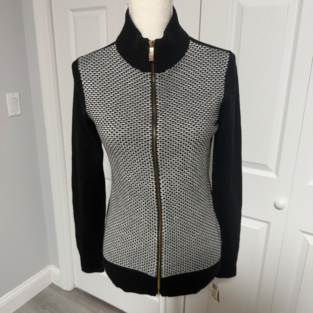 Charter Club Black White Textured Zip Front Cardigan Sweater Mock Neck Medium